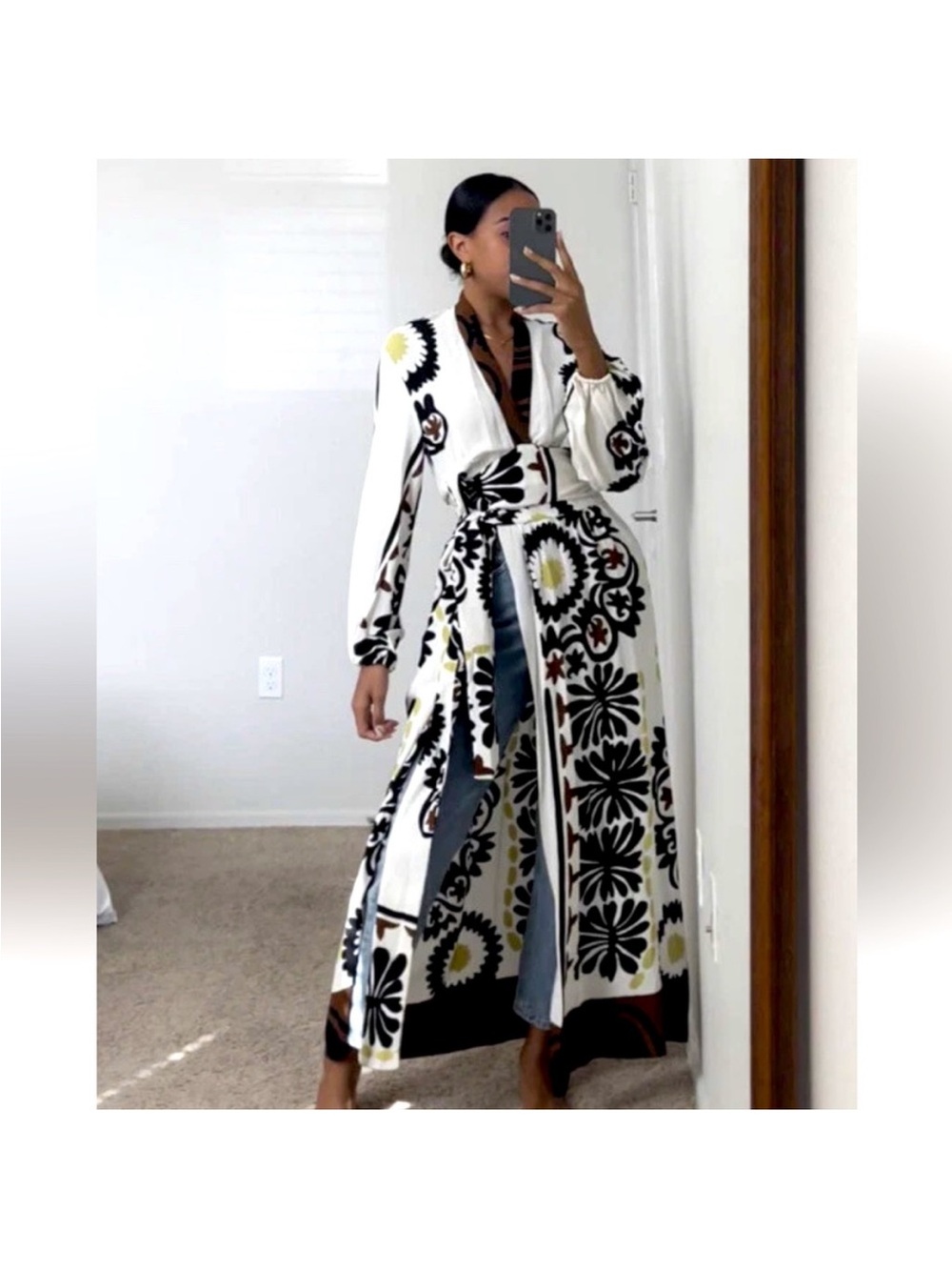 Zara Long Wrap Dress in Cream with Black Floral Print